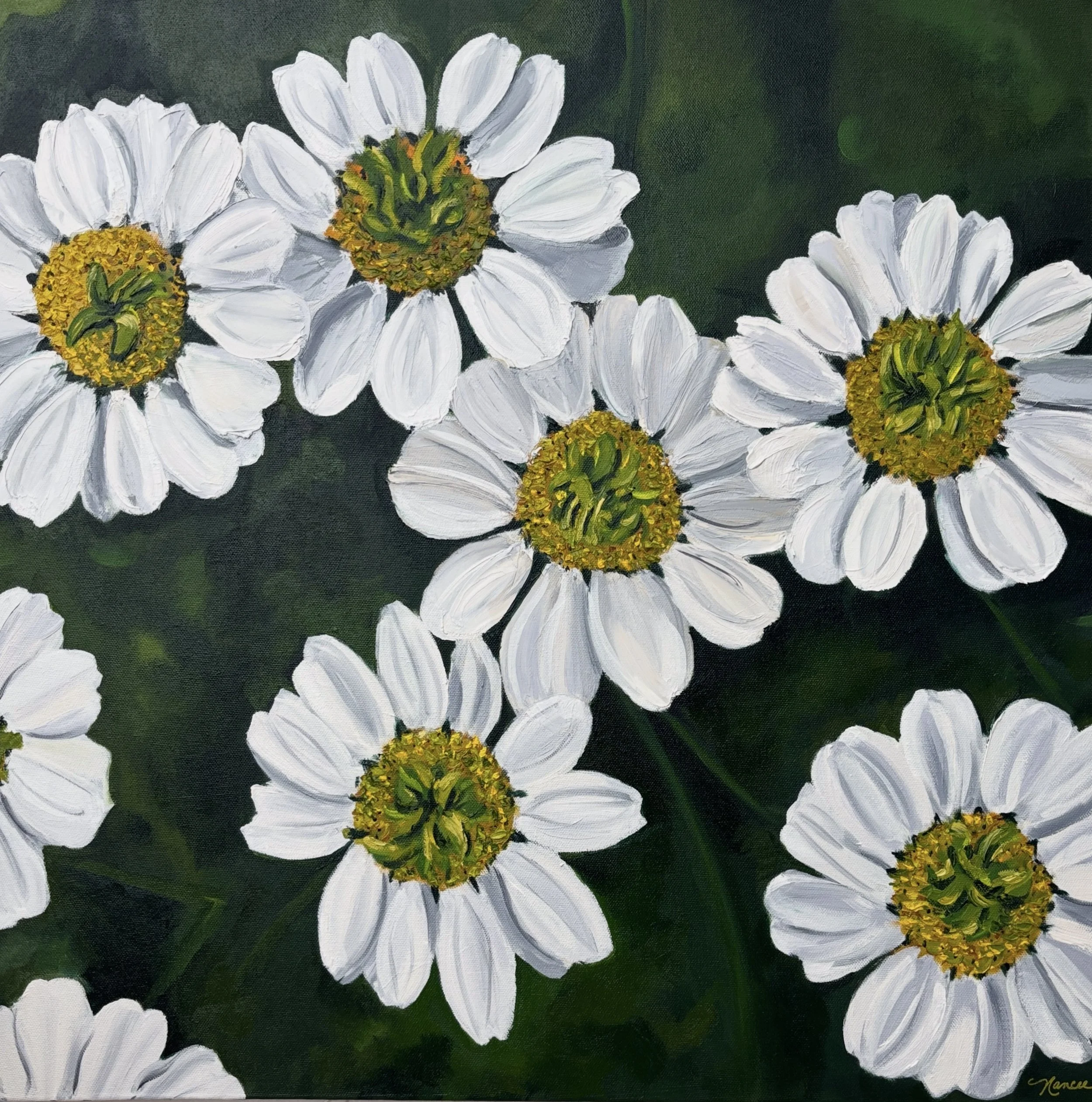 Daisies. I painted these cheery daisies as a wedding gift for my nephew and wife. I used a palette knife for some great texture.