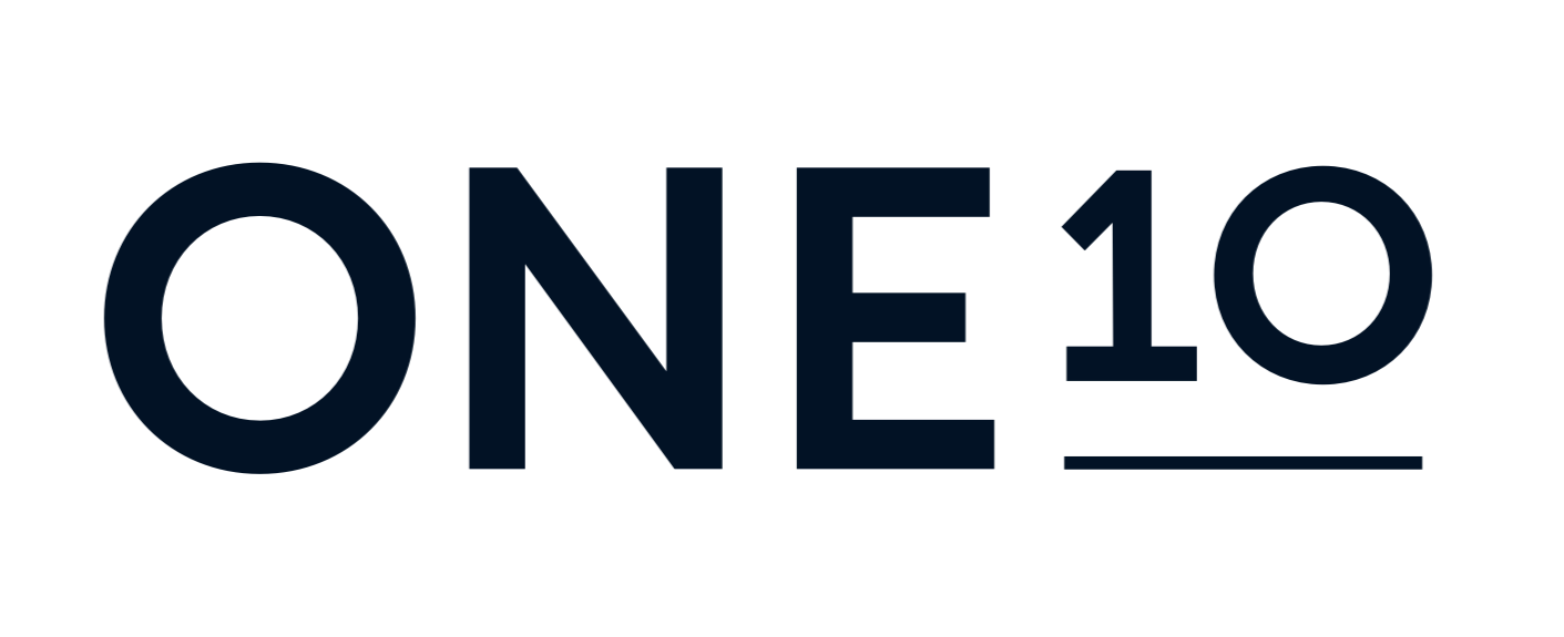 Logo for the ONE10 brand with stylized text in black and dark blue.