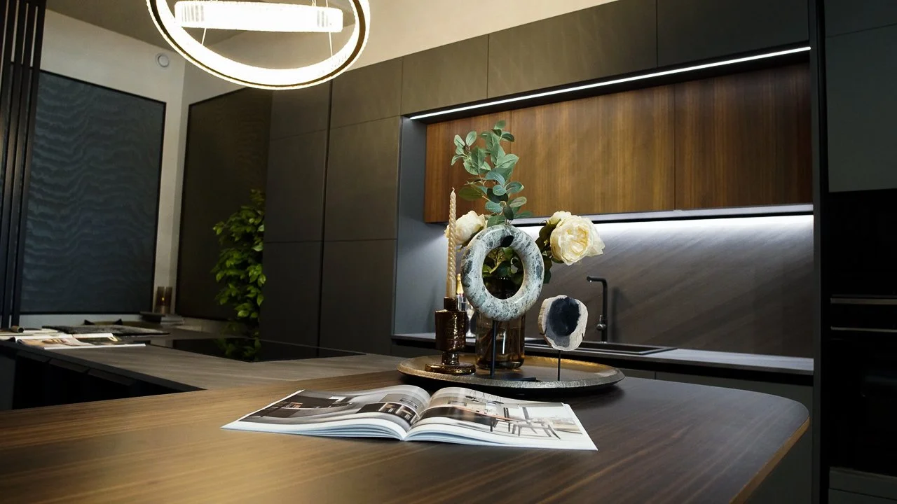 Interior of a modern kitchen with a wooden countertop, floral centerpiece, and open magazine.