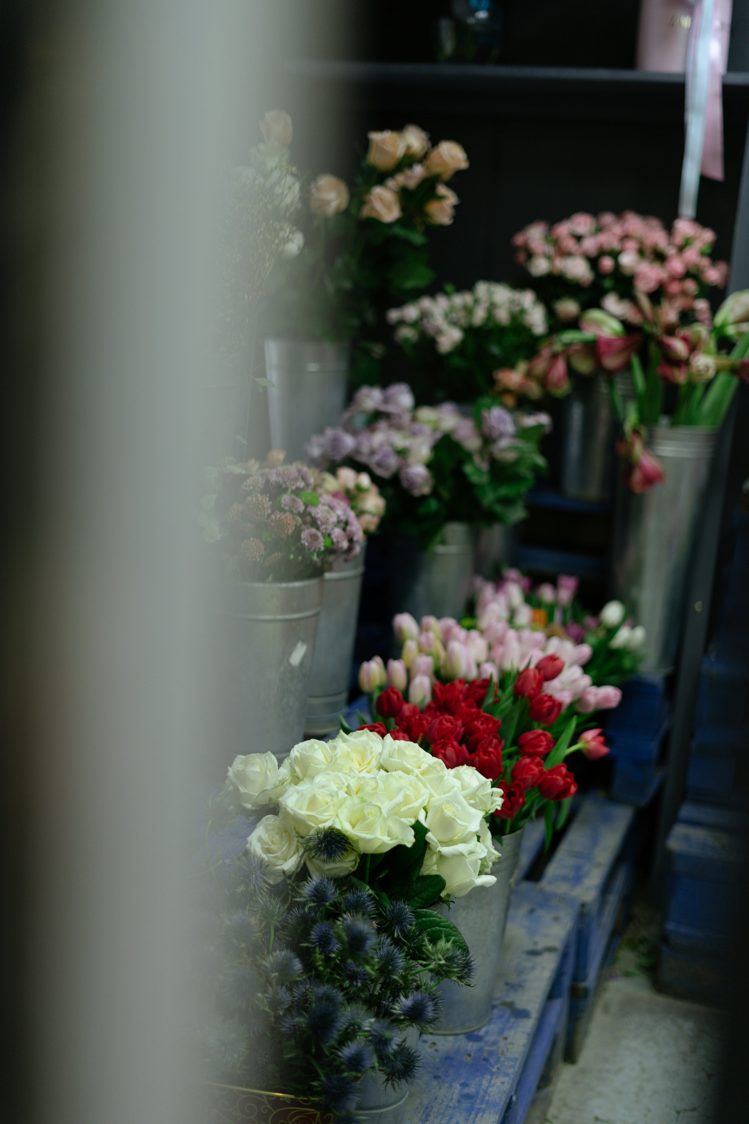 Various flowers in metal buckets on a display shelf at a floral shop, including white roses, red tulips, purple thistles, and pink flowers.