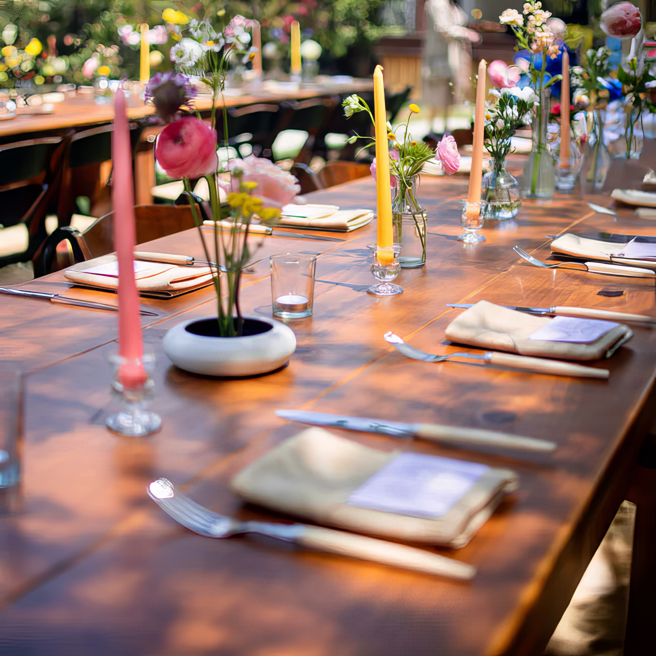 A long wooden dining table decorated with colorful flowers in vases and tall candles for an outdoor event.