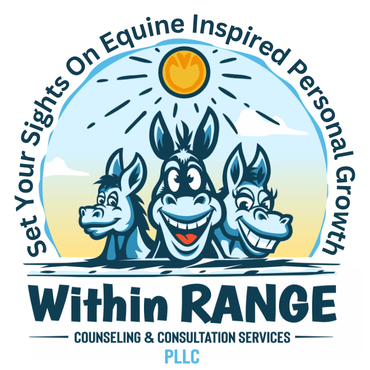 Logo for Within Range counseling services featuring three cartoon horses with a bright sun and mountain in the background, and the slogan 'Set your sights on equine inspired personal growth'.