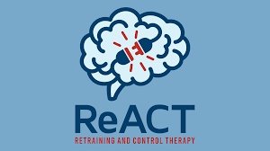 Illustration of a brain with a lightning bolt piercing through it, representing mental activity or ideas. Below it, the text reads 'ReACT' with a subtitle 'Retaining and Control Therapy'.