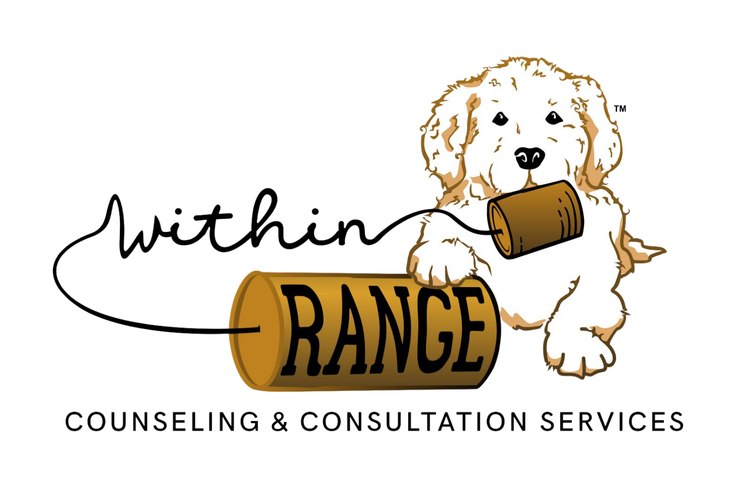 Logo for 'Within the Range Counseling & Consultation Services' featuring a cute dog with a paint can and a wooden log, with the text 'within the RANGE' and a tagline 'COUNSELING & CONSULTATION SERVICES'.