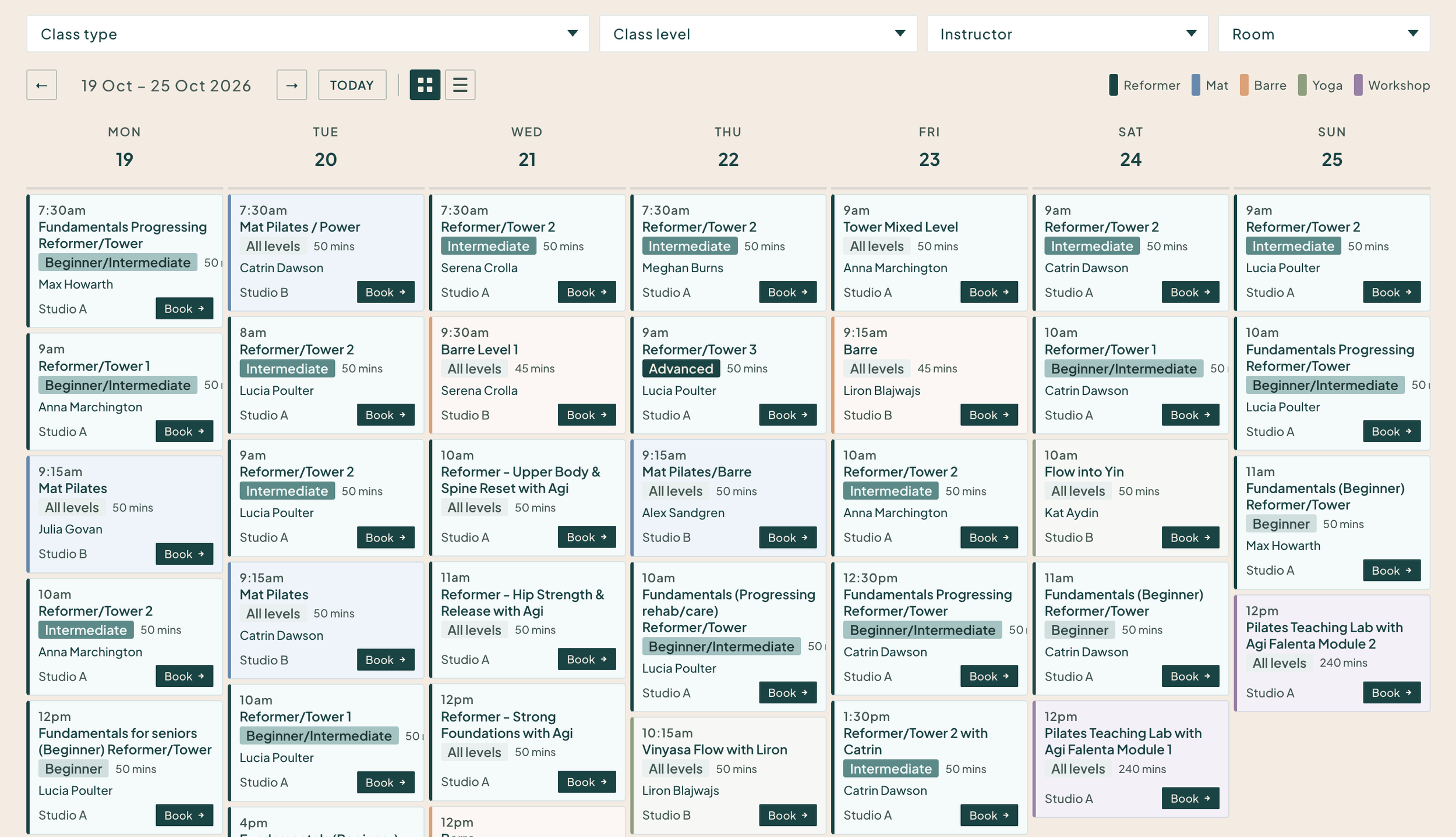 Luma Pilates weekly class schedule showing Reformer, Mat, Barre and Yoga sessions across Edinburgh's New Town studio