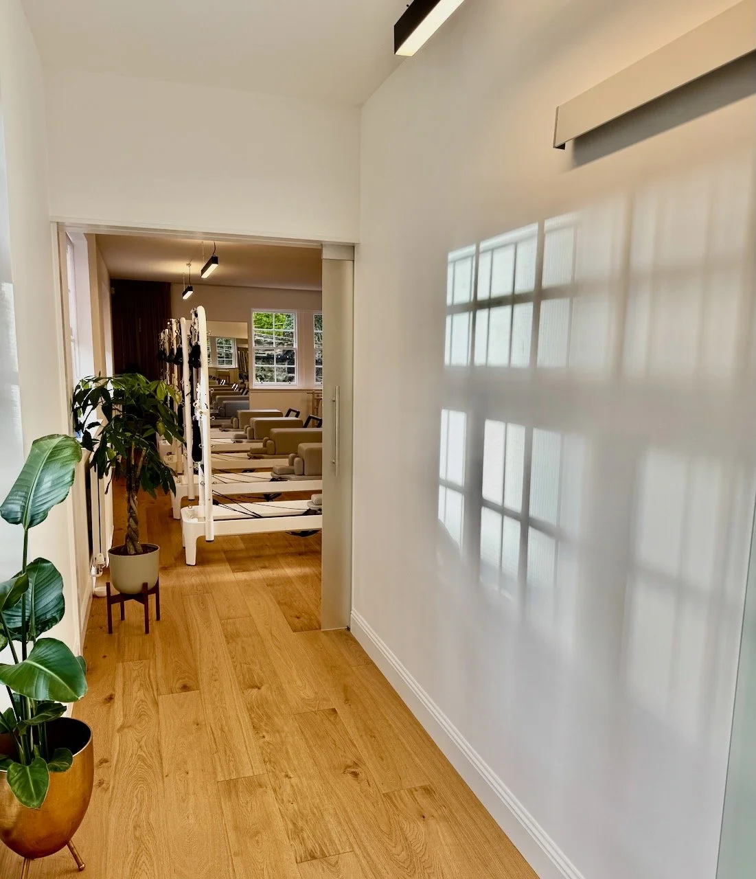 The main corridor from reception at Luma Pilates, Edinburgh, looking through to Studio A