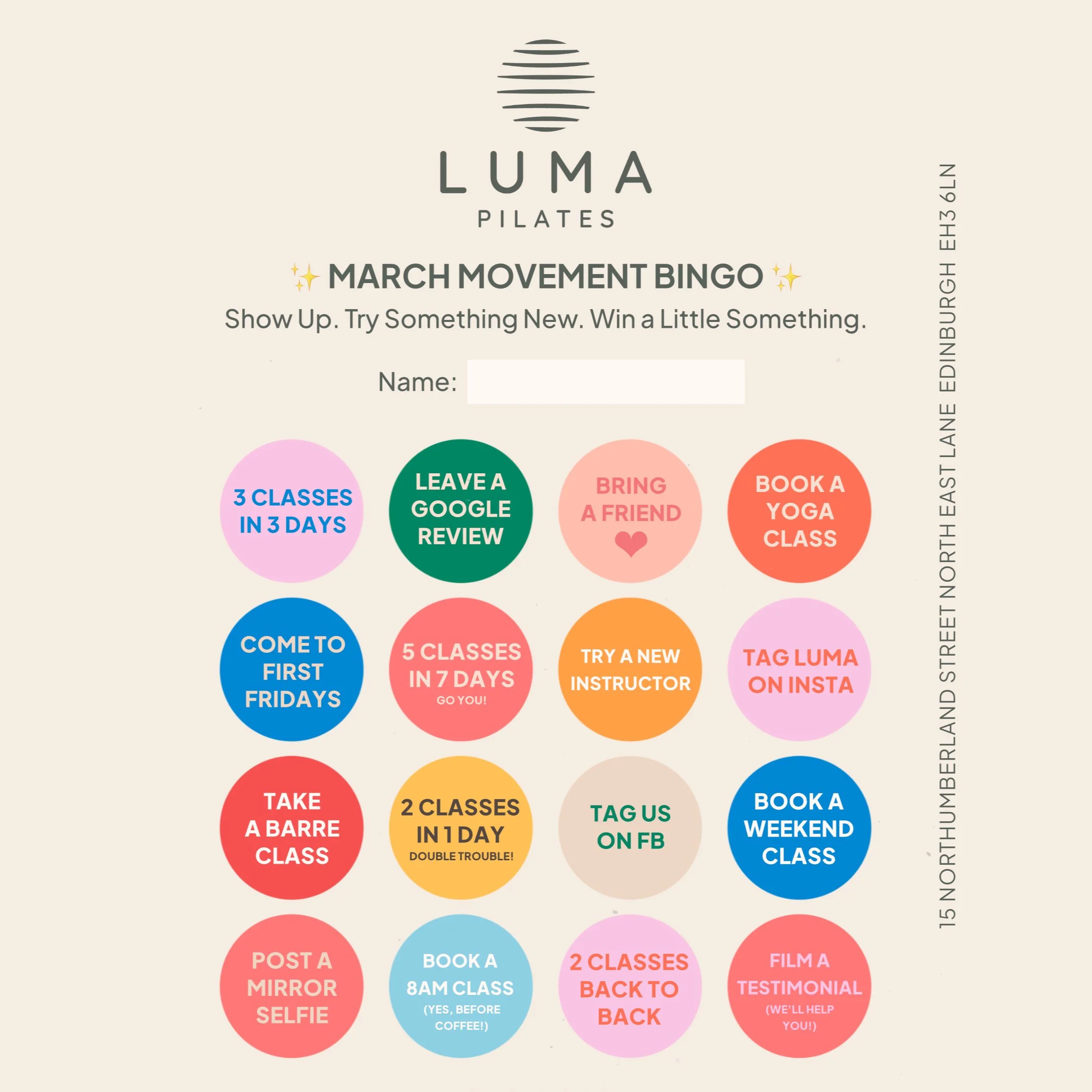 Luma Pilates' March Movement Bingo card.