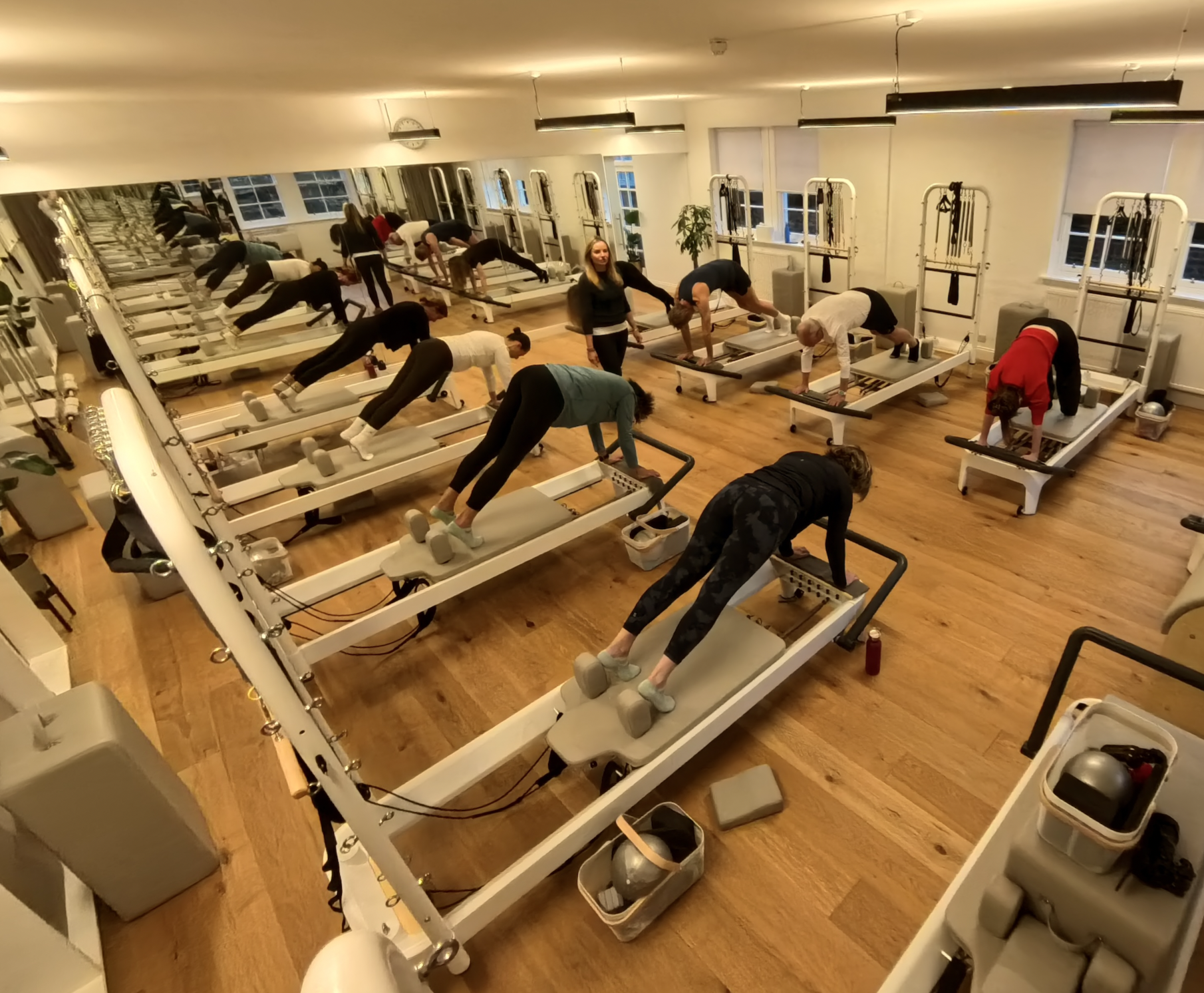 A Reformer class in full swing at Luma Pilates, Edinburgh