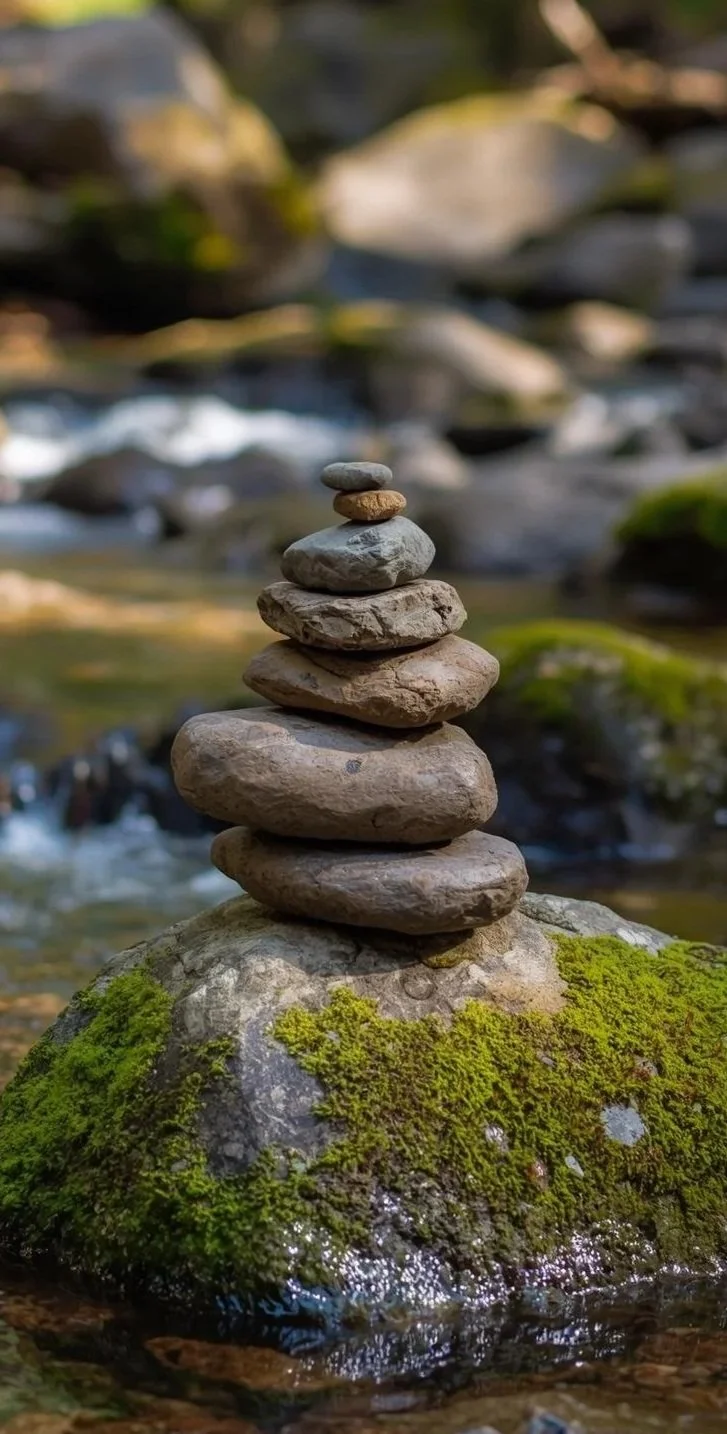 Seven stacked rocks placed on moss-covered stone in a river with blurred rocks and water in the background