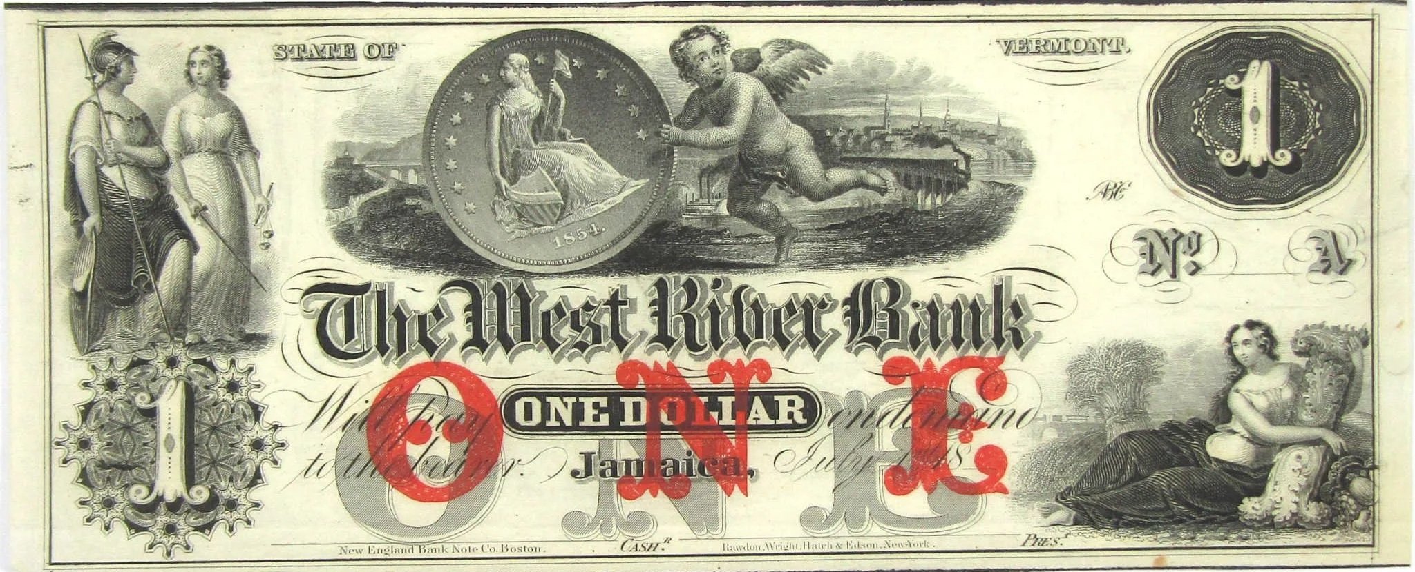 Historical one-dollar banknote from the West Rider Bank, featuring images of allegorical figures, a coin, and scenic backgrounds, with ornate black and gray designs and red overprint.