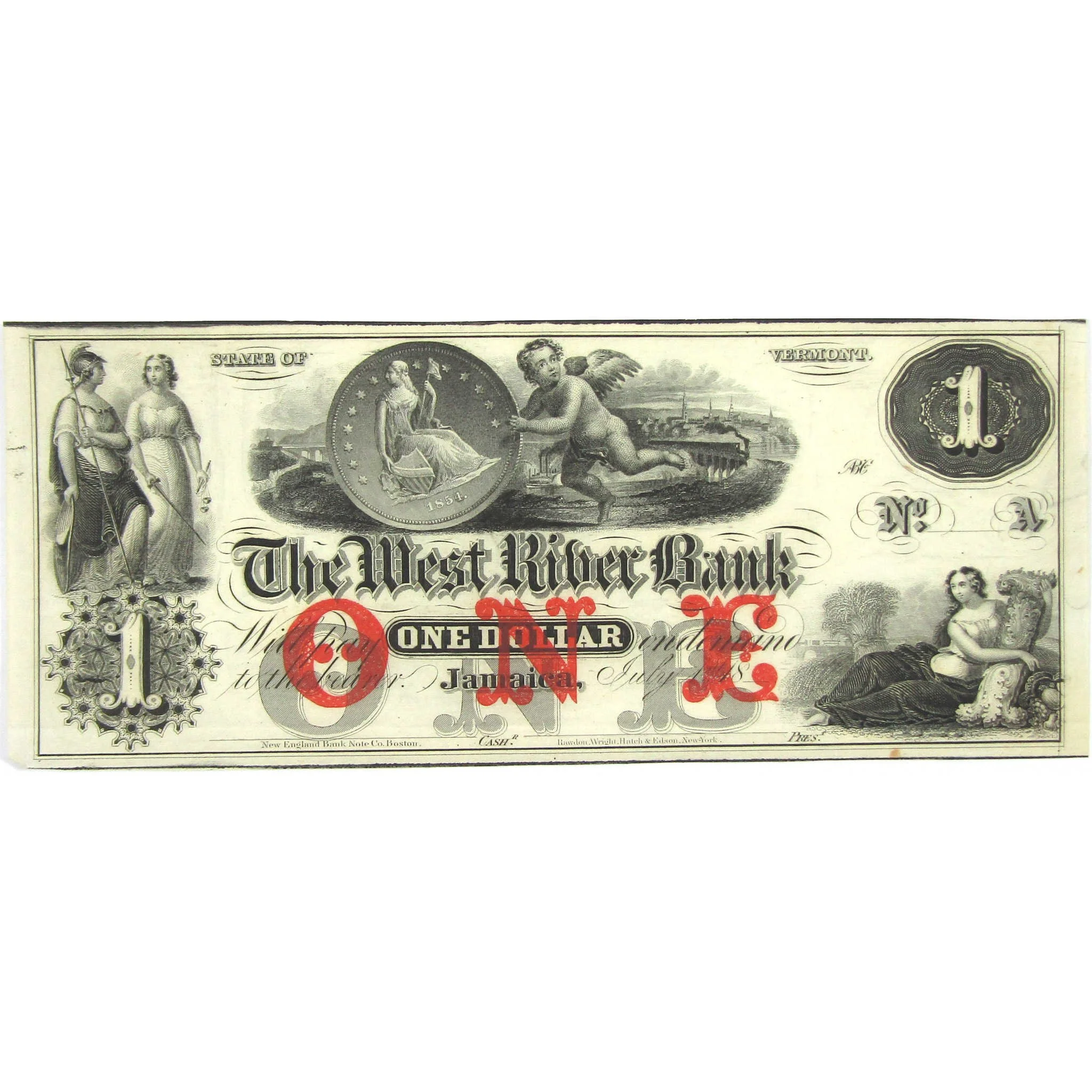 Historical one dollar banknote from Vermont with intricate black and white engravings, featuring allegorical figures, historical scenes, and decorative elements.