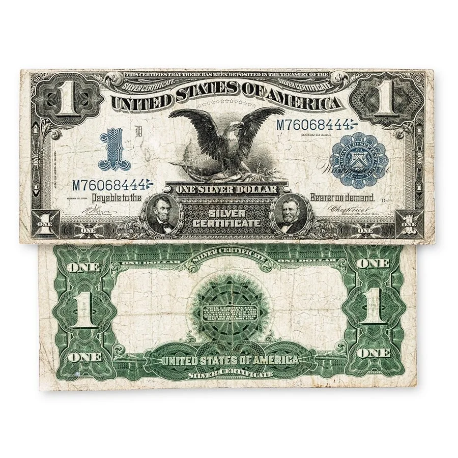 Image of a one-dollar bill, showing the front and back sides. The front features an eagle with outstretched wings, and two portraits of historical figures placed within an ornate design. The back displays the Green Seal of the U.S. Treasury, with decorative borders.