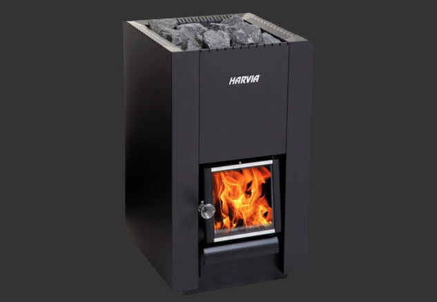 Harvia sauna heater with rocks on top and a visible flame inside.