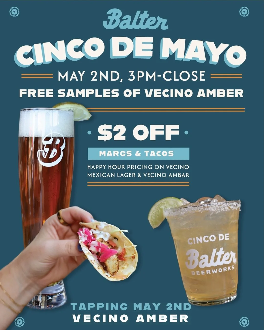 BREWING IN PROCESS 🍋&zwj;🟩🍺 We&rsquo;re gearing up for a fun weekend of Cinco de Balter.

CINCO DE BALTER | May 2 | 3PM&ndash;Close

&bull; Free samples of Vecino Amber
&bull; $2 off margs &amp; tacos
&bull; Happy Hour pricing on Vecino Mexican La