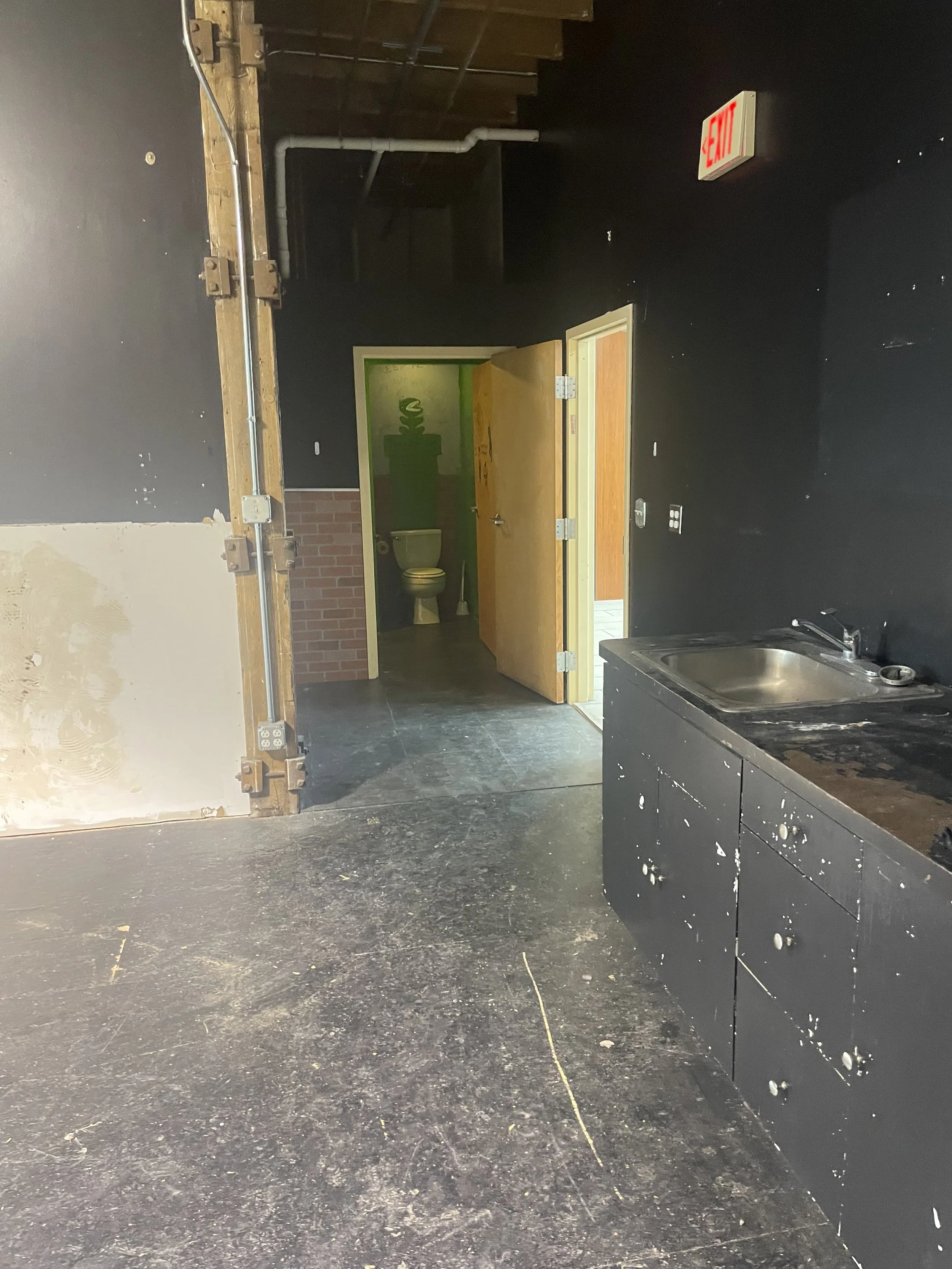A dimly lit room with black walls and a black countertop with a sink, an open door leading to a small green room with a toilet, and an exit sign above the door.