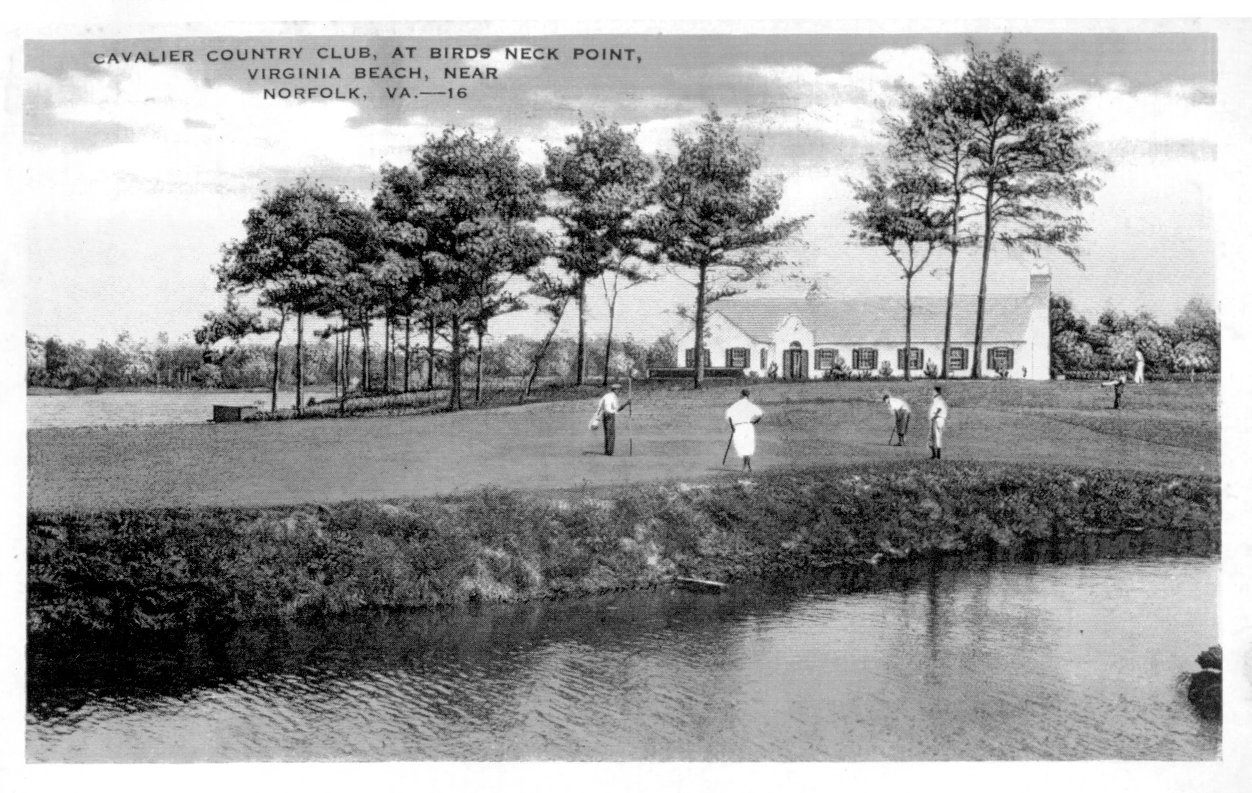 Black and white photograph of four people playing golf on a green lawn near a pond, with a large white house and tall trees in the background, at the Cavalier Country Club near Norfolk, Virginia.