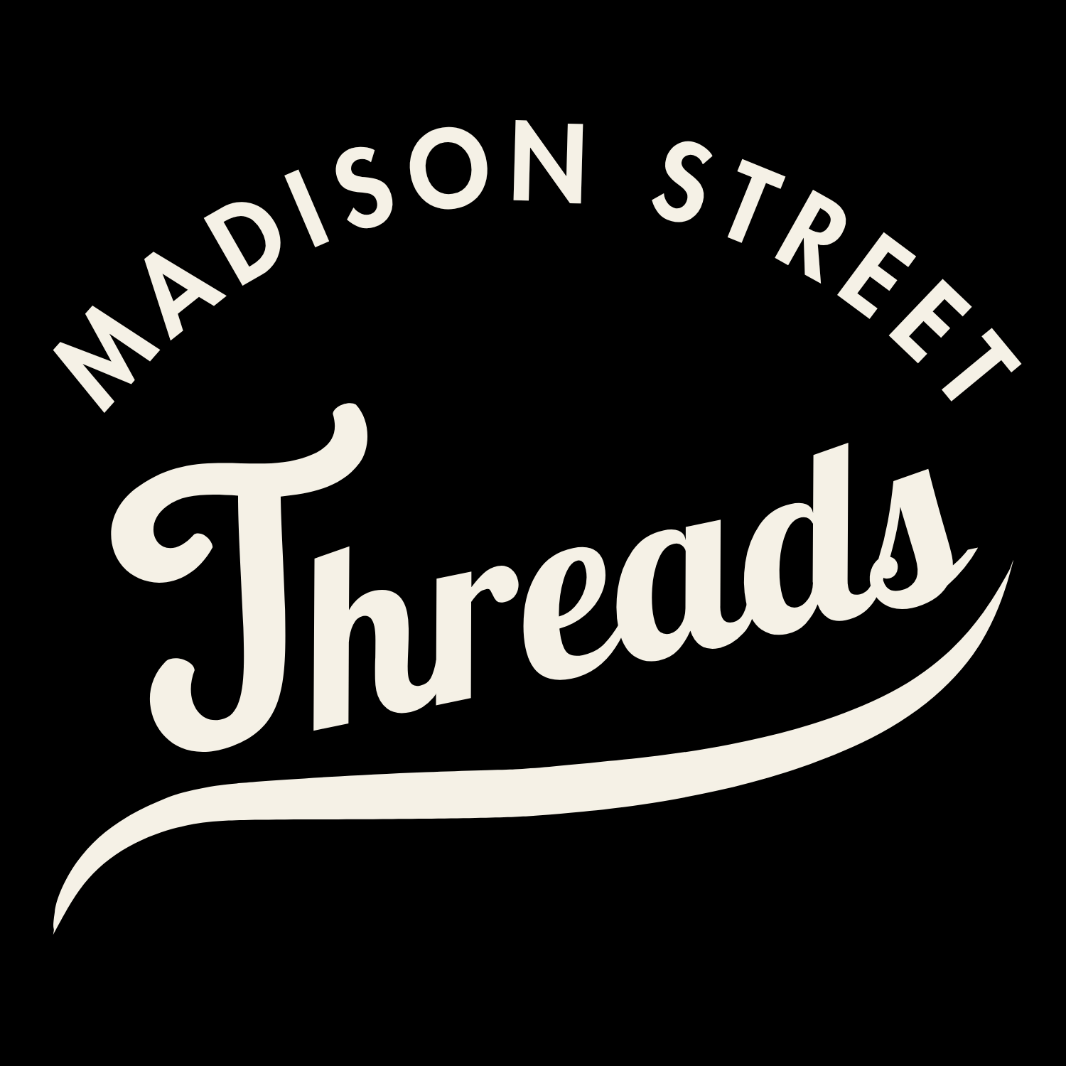 Logo for Madison Street Threads with the business name styled in cursive and bold, on a black background.