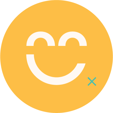 Yellow circular background with a stylized white smiley face and a small blue 'X' in the bottom right.