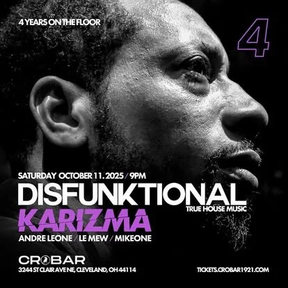 Close-up of a man's face with water splashes on it, advertising a Disfunkcional event featuring Karizma, scheduled for October 11, 2025, at Crobar in Cleveland, Ohio.