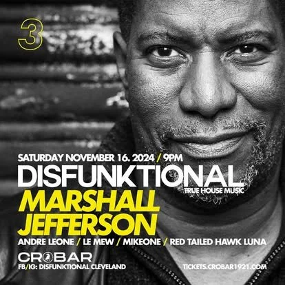Close-up black and white photo of a smiling man with a beard, advertising an event featuring Marshall Jefferson and others, scheduled for Saturday, November 16, 2024, at 9 PM, at Crobár in Cleveland.