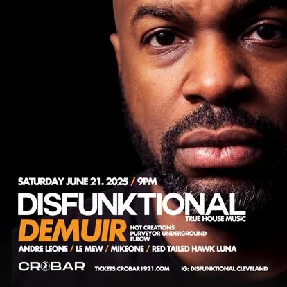 Close-up of a man's face next to event poster for Disfunktional Demuir party on June 21, 2025, at Crobar with DJ names listed.