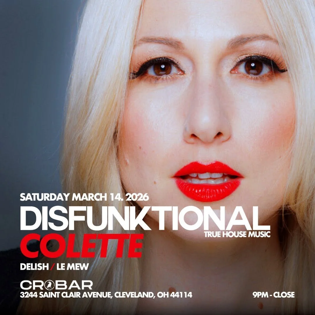 Close-up of a woman's face with blonde hair, red lipstick, and makeup, promoting a music event featuring Colette and others in Cleveland on March 14, 2026.