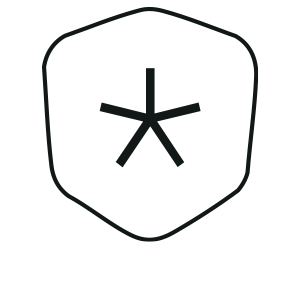 A minimalist black shield emblem with a central asterisk-like symbol and a surrounding border.