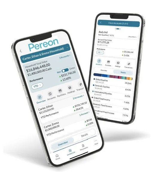 Image of two cell phones, displaying the Pereon logo at the top & sample portfolio information viewable on the Pereon Wealth Investment Portal app (powered by geowealth), including total market value and a break down of holdings among family members