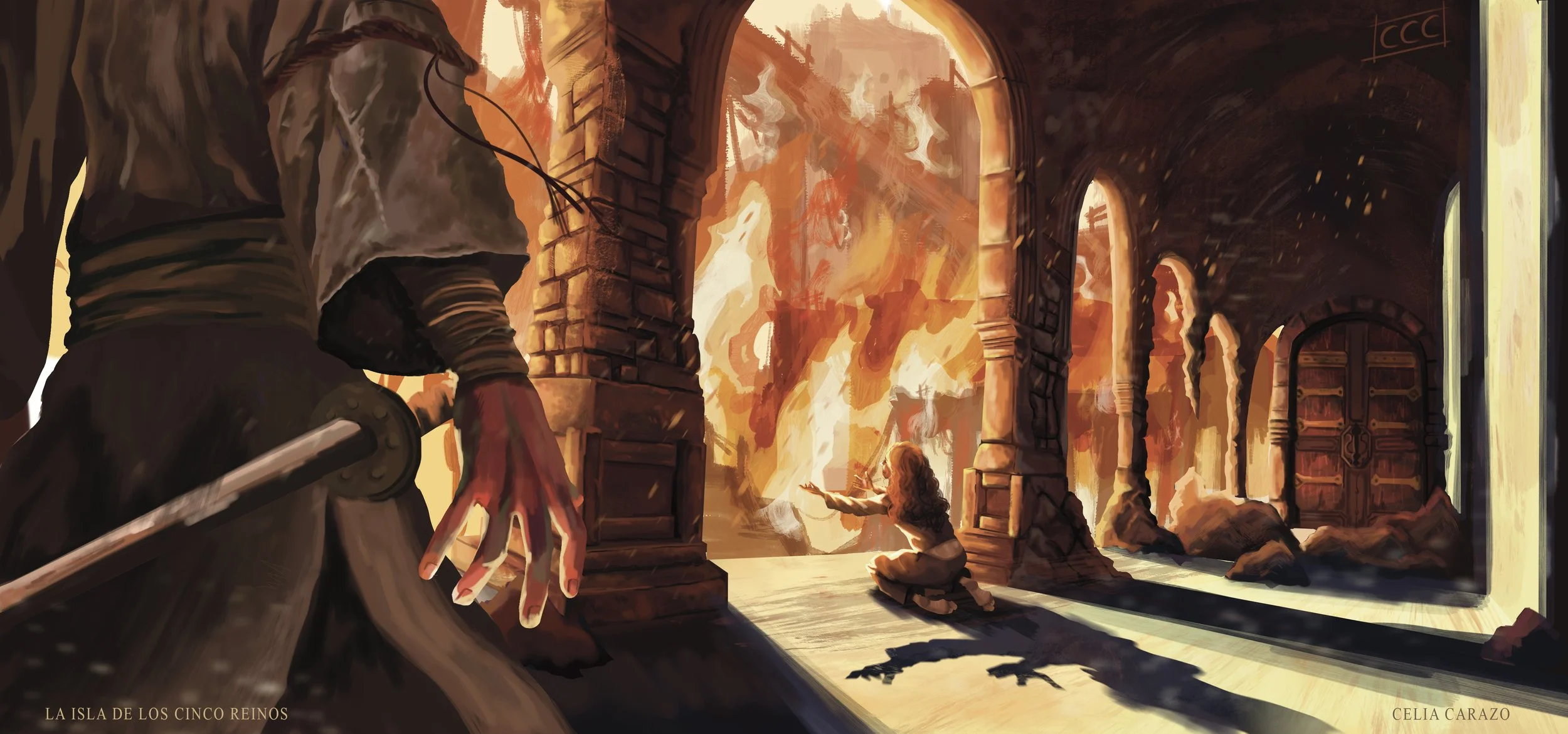 ilustraciones digital de colores cálidos y pincelada natural. escena de ruinas en llamas. chica desesperada al fondo y mano crispada en primer plano