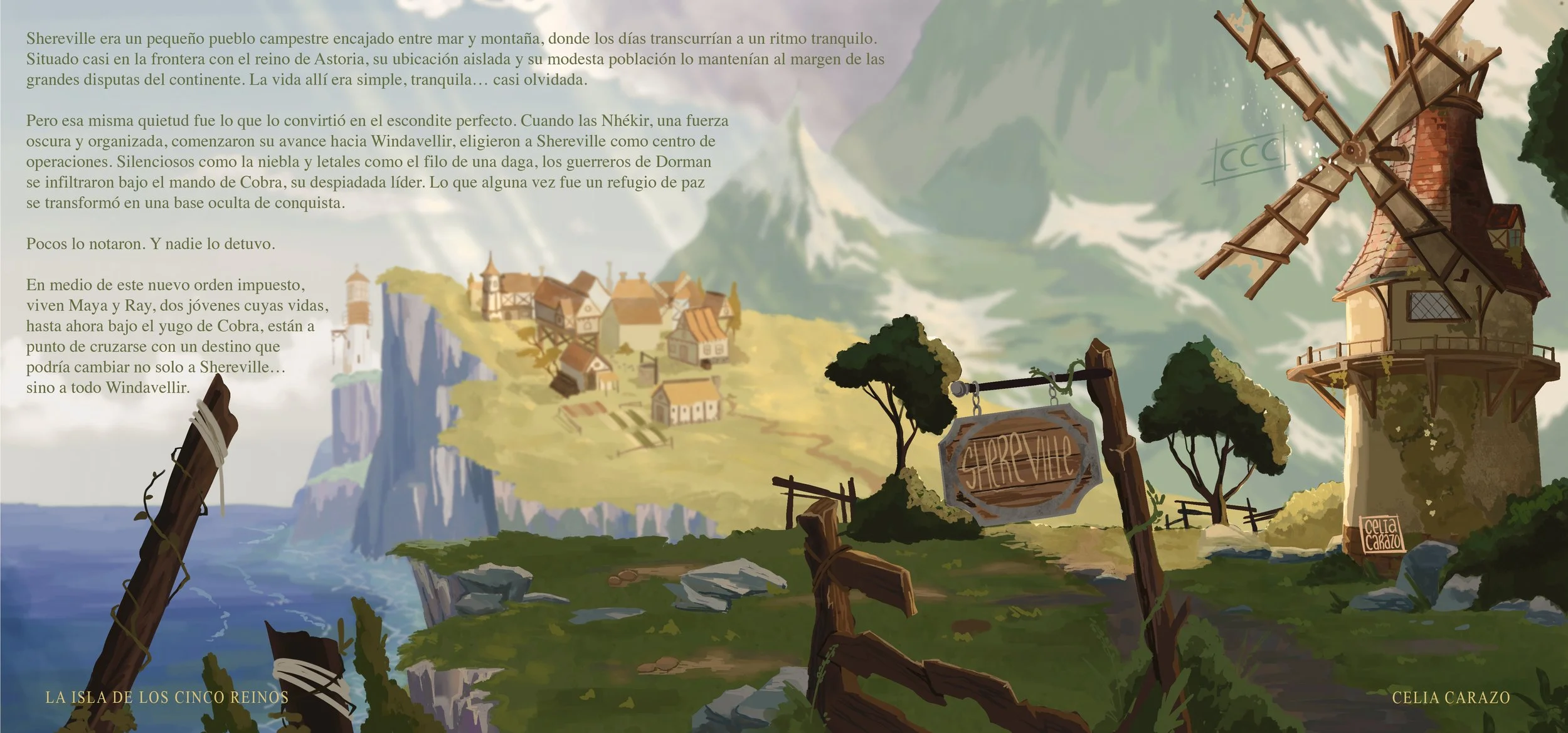 ilustracion digital de colores cálidos y pincelada suelta. ilustracion de visual development de portfolio de La Isla de los Cinco Reinos. ficha de enviroment design