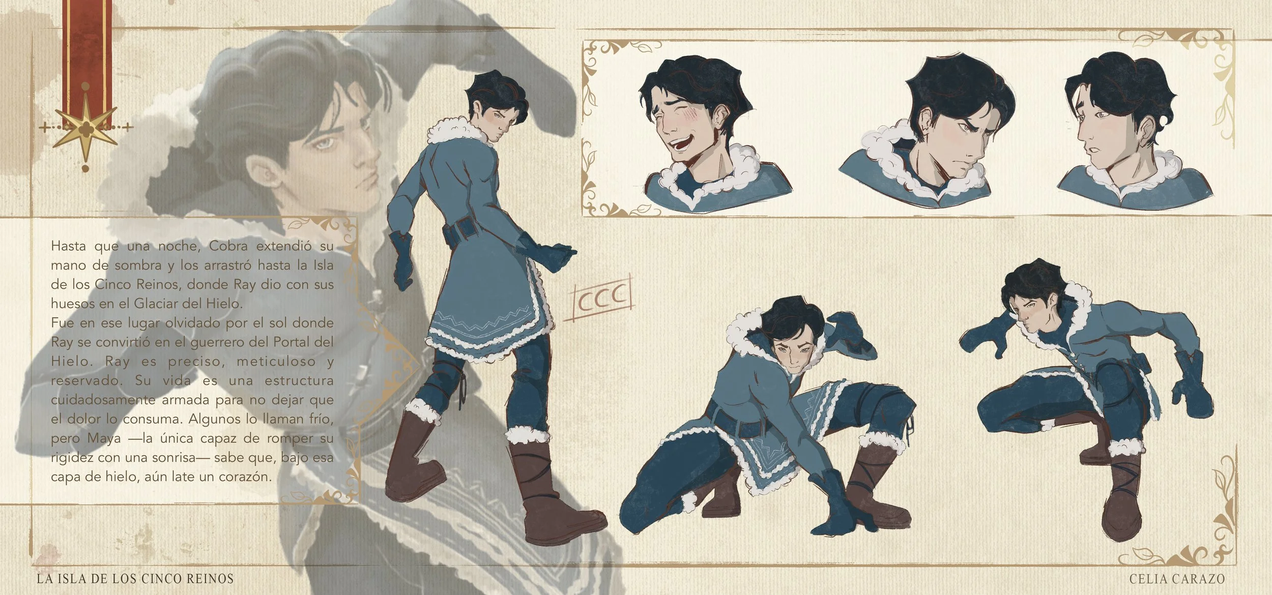 ilustracion digital de colores cálidos y pincelada suelta. ilustracion de visual development de portfolio de La Isla de los Cinco Reinos. ficha de diseño de personaje