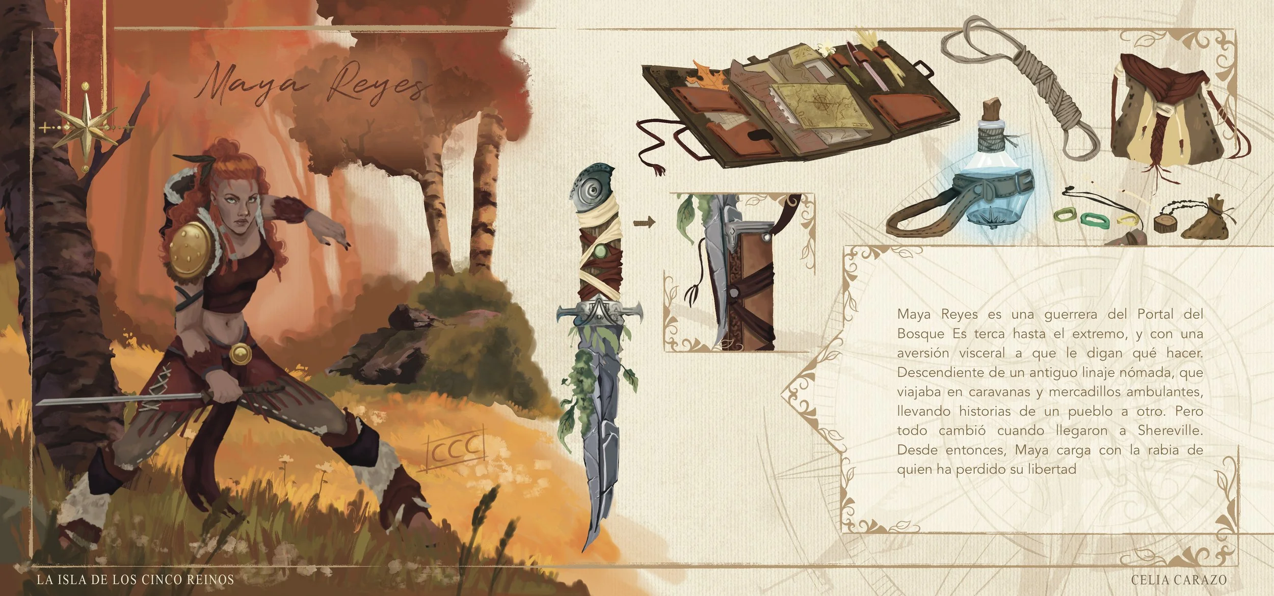 ilustraciones digital de colores cálidos y pincelada natural. character sheet de guerrera del bosque