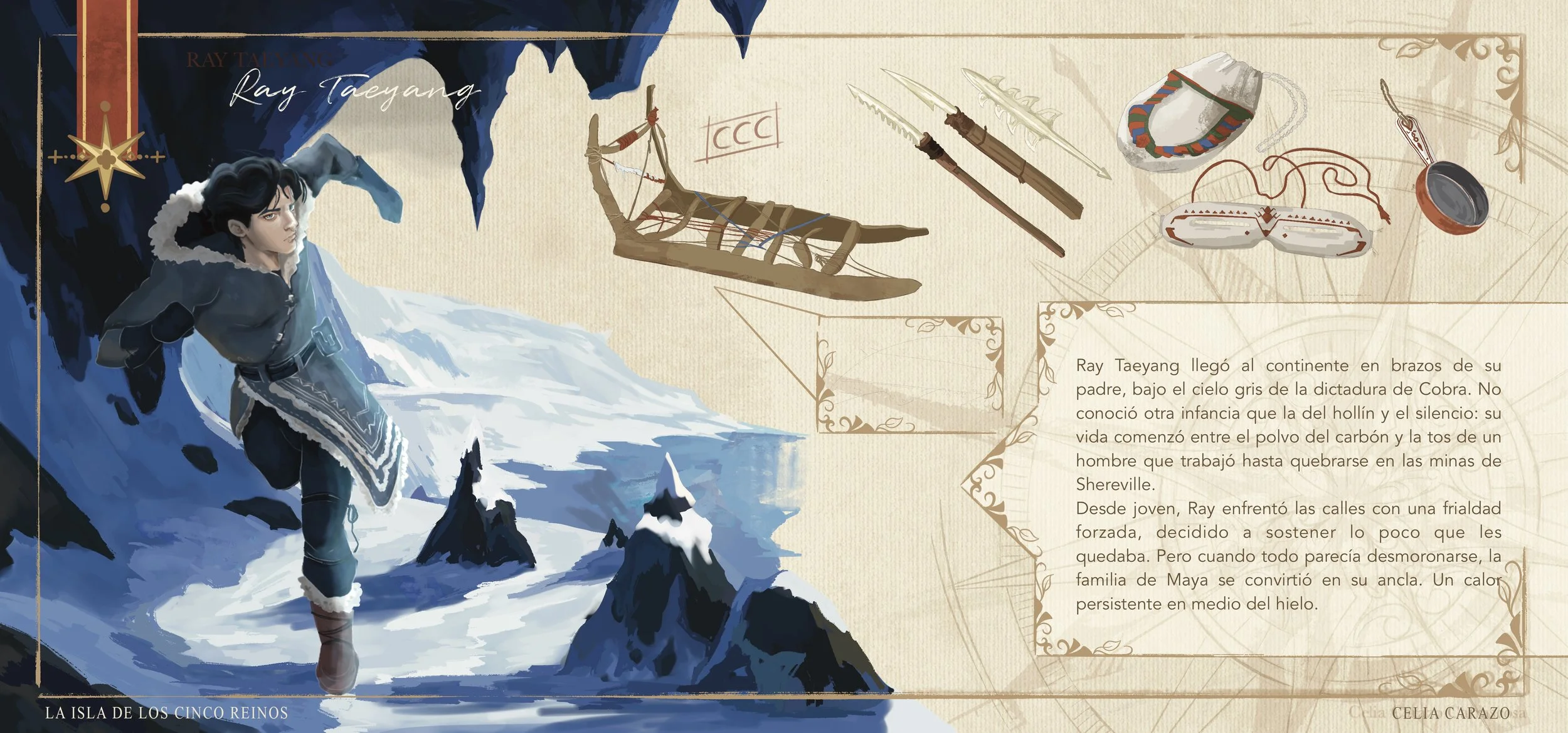 ilustracion digital de colores cálidos y pincelada suelta. ilustracion de visual development de portfolio de La Isla de los Cinco Reinos. ficha de diseño de personaje