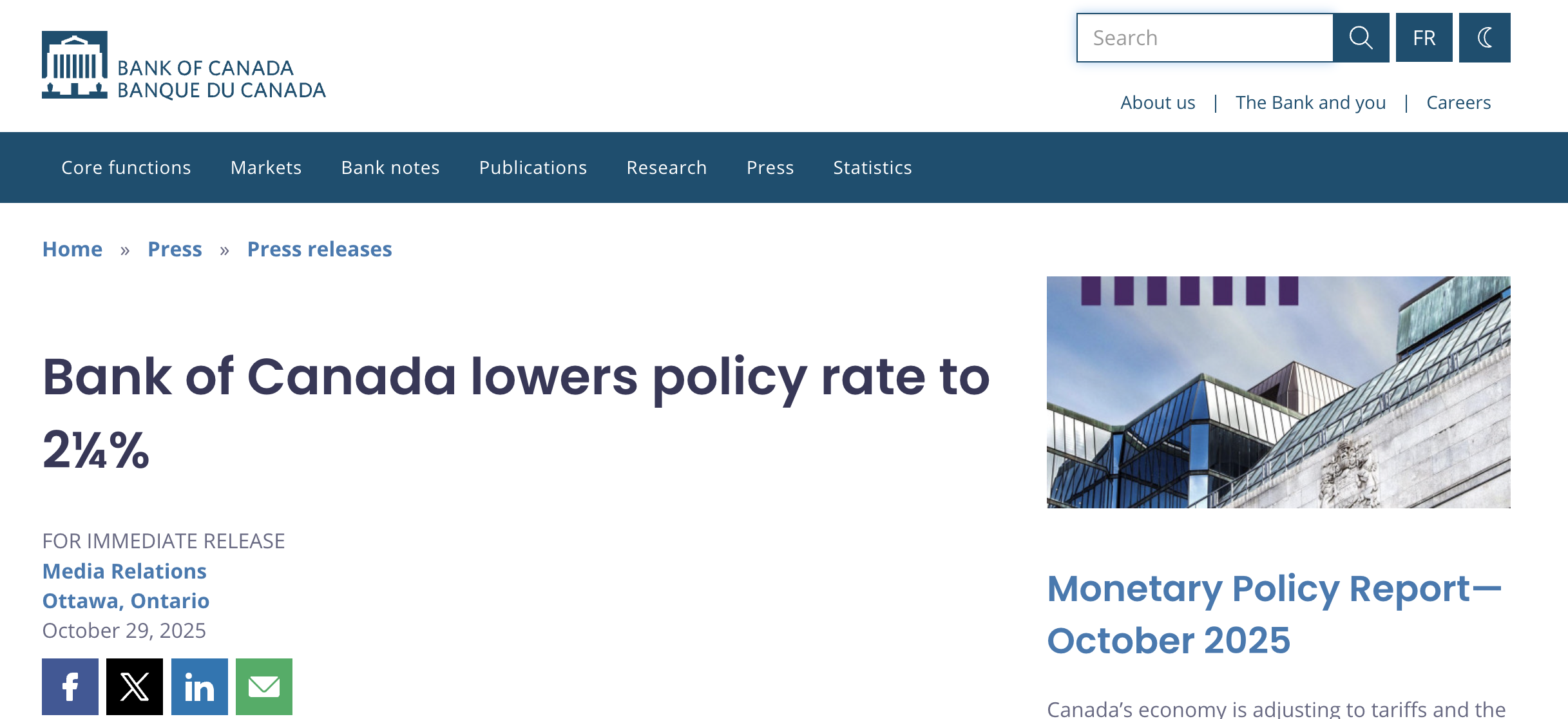Oct 29, 2025-Bank of Canada cuts key interest rate to 2.25%