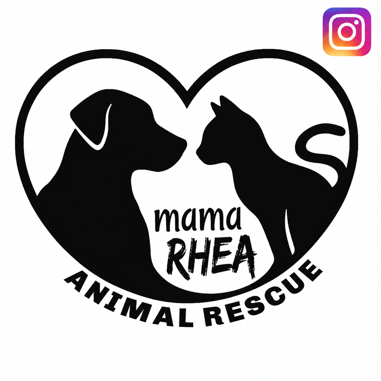 Silhouette of a dog and a cat facing each other inside a heart shape with the text 'mama RHEA' and 'Animal Rescue' below.