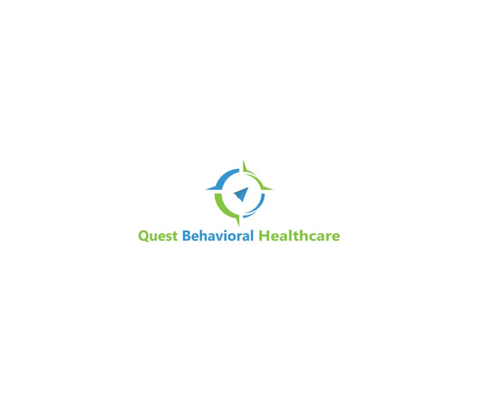 Logo for Quest Behavioral Healthcare featuring a circular compass with green and blue accents and a paper airplane in the center, with the company name below in green and blue text.