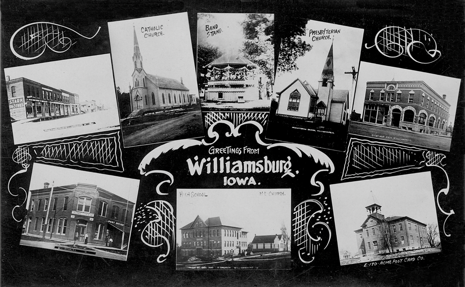 Vintage postcard collage with black and white photos of buildings and landmarks in Williamsburg, Iowa, including a church, band stand, Presbyterian church, historic brick building, and high school, with decorative borders and the text "Greetings from Williamsburg, Iowa."