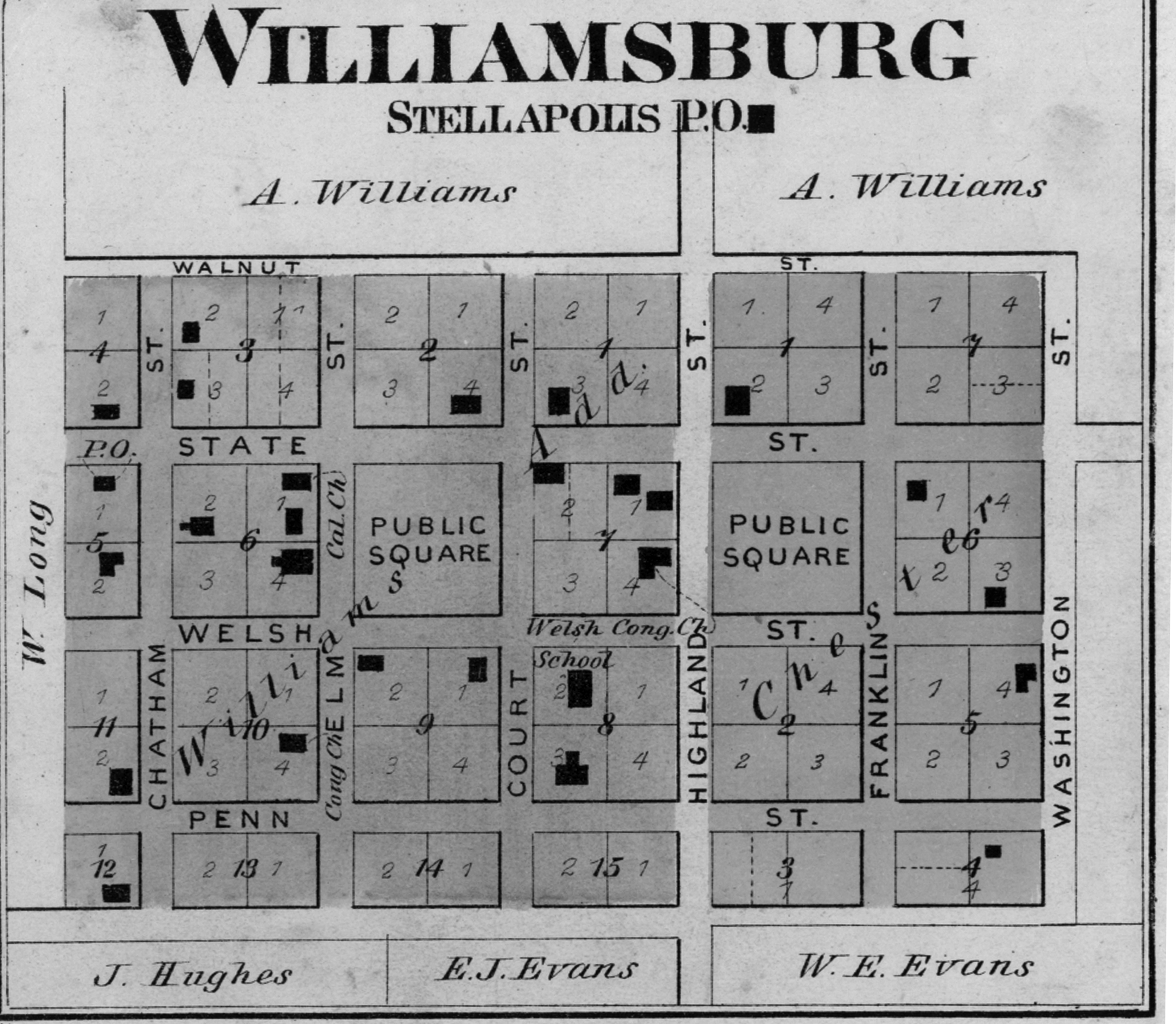 A black and white map of Williamsburg with street names and numbered plots, showing a layout of blocks with some labeled buildings such as public squares, schools, and churches.
