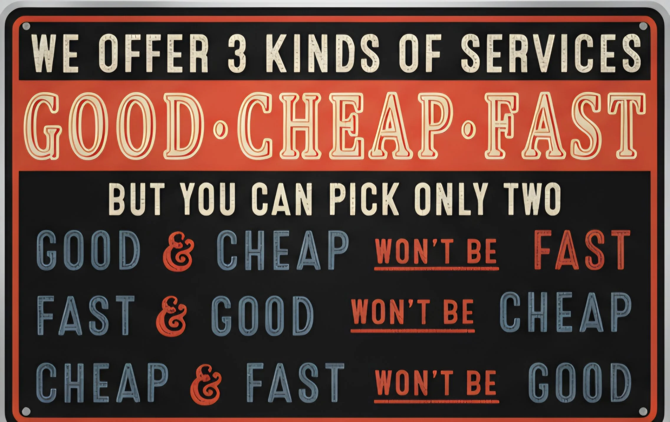 Sign with humorous text about services offered, highlighting 'Good, Cheap, Fast' options and their limitations.