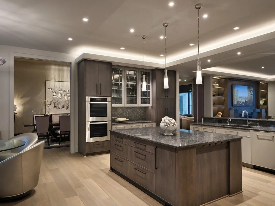 Modern open-concept kitchen with dark wood cabinets, granite countertops, and a kitchen island with a flower arrangement. Pendant lights hang above the island, with recessed lighting in the ceiling. Adjacent dining and living areas are visible.