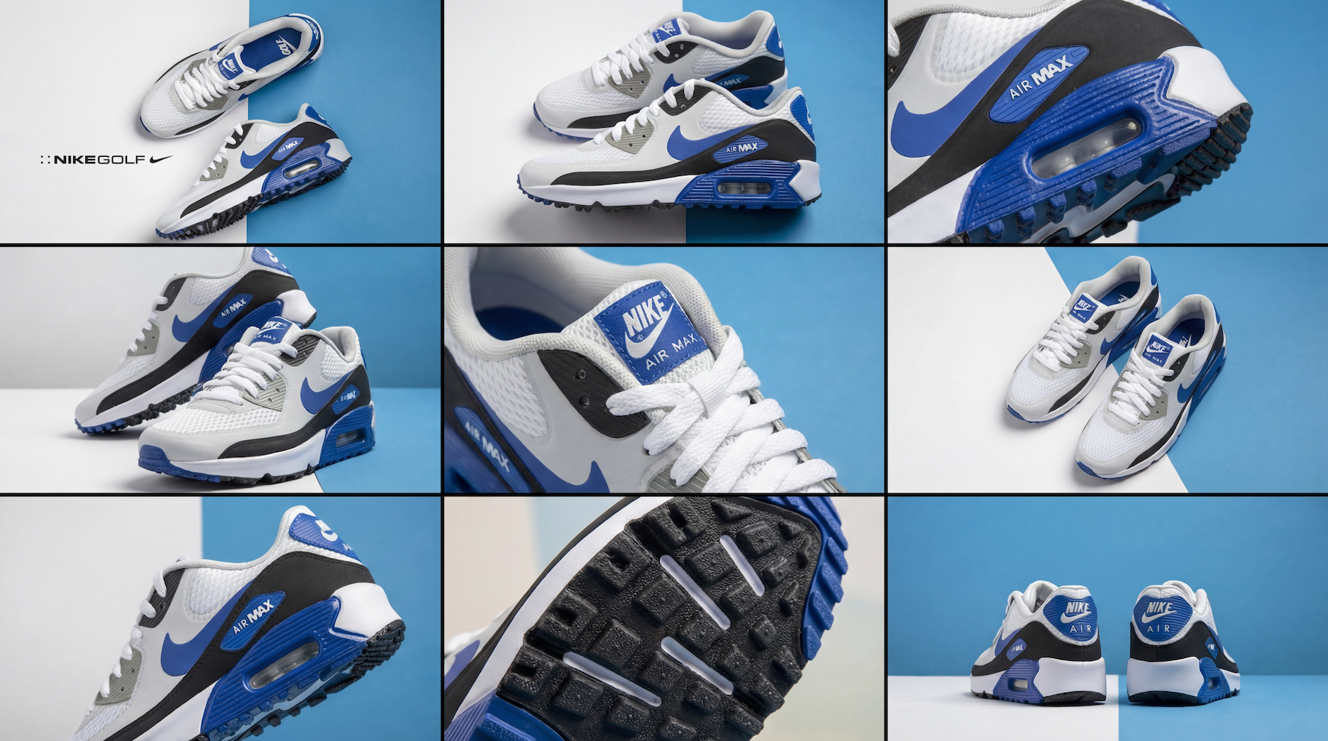 Collage of multiple images showing a pair of Nike Air Max sneakers in white, black, and blue colors. The shoes feature the Nike swoosh logo, mesh material, and visible air cushioning in the sole.
