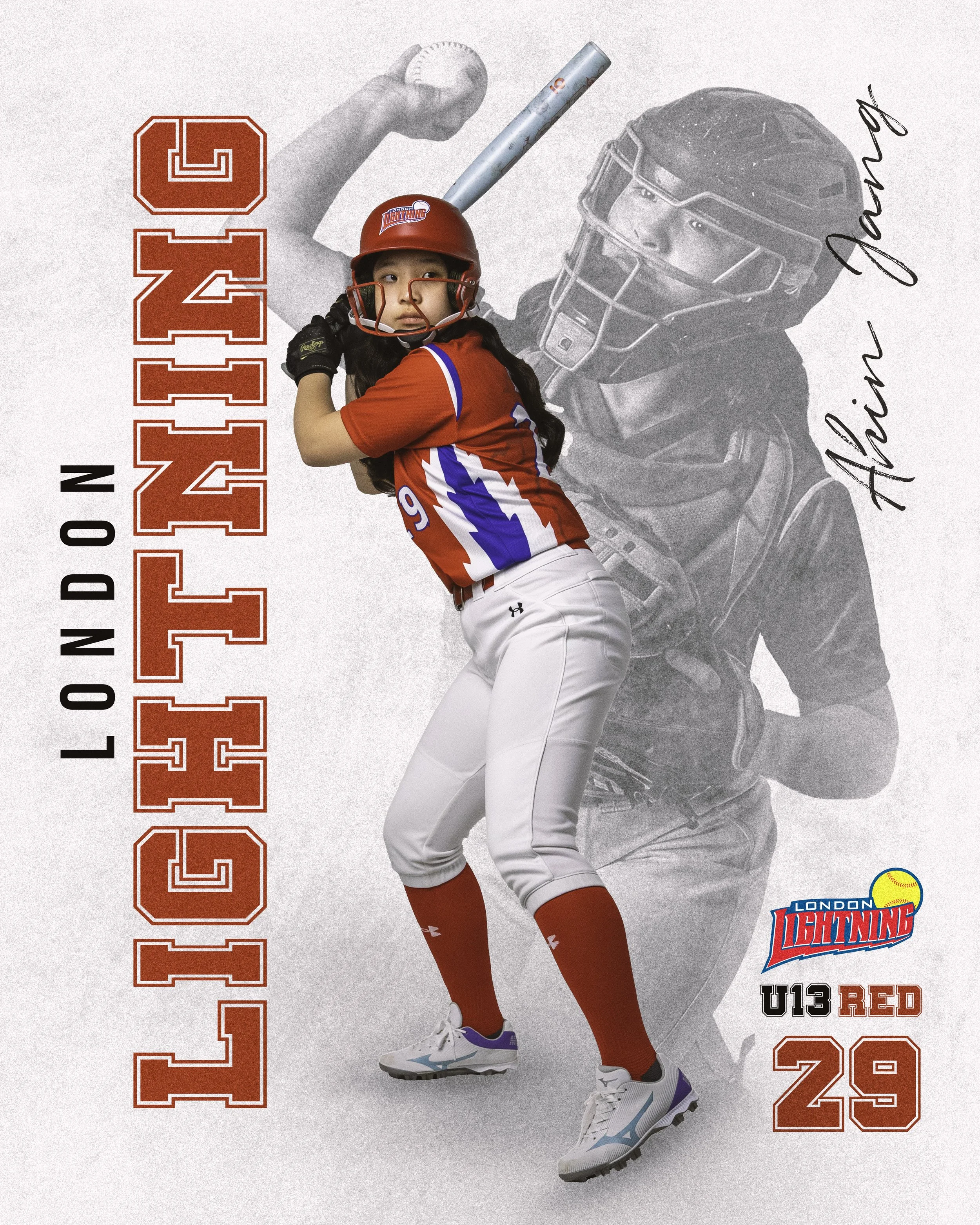 Young girl in a red baseball uniform holding a bat, wearing a red helmet, standing on a white background with text and a faded black and white image of a player in a helmet and gear.