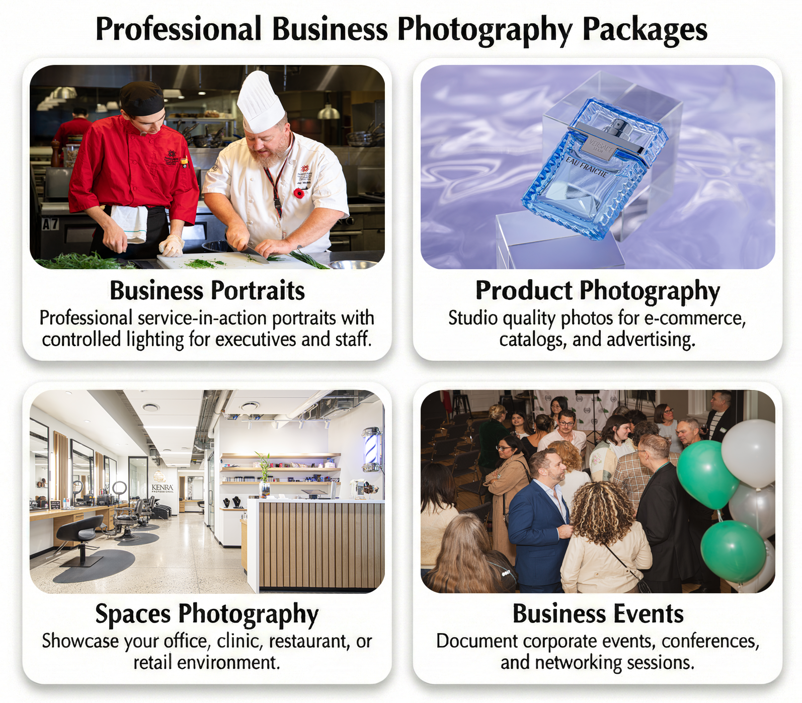 Professional Business Photography Packages infographic including Business Portraits, Product Photography for e-commerce, Commercial Spaces and Interiors, and Corporate Event documentation.