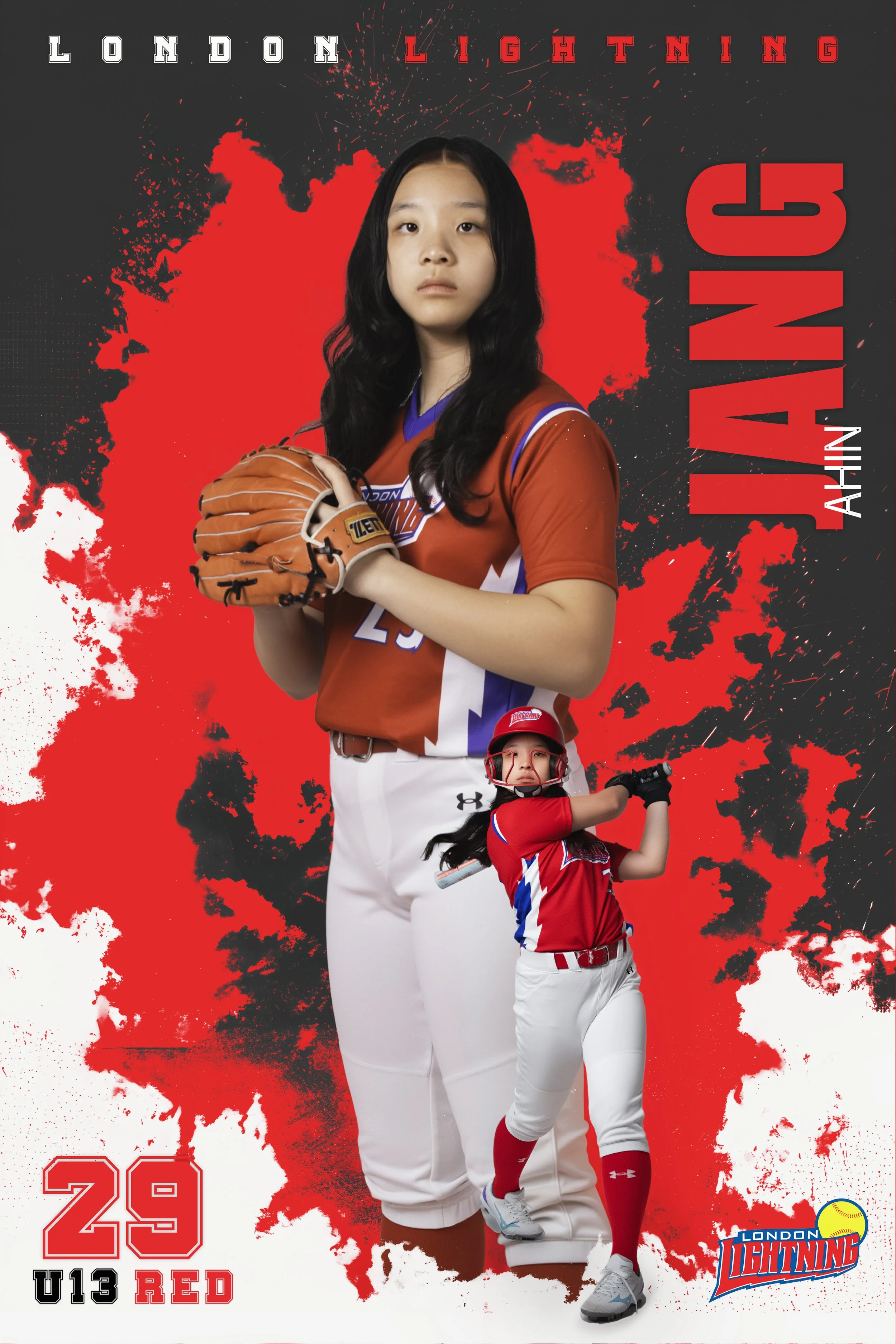 Photograph of three young female baseball players in uniform, with the largest in the center holding a baseball glove, and the other two positioned in front and behind her. The background features a red and black splattered design with the text 'London Lightning' and the number 29, along with a small logo of a baseball and the team name at the bottom right corner.