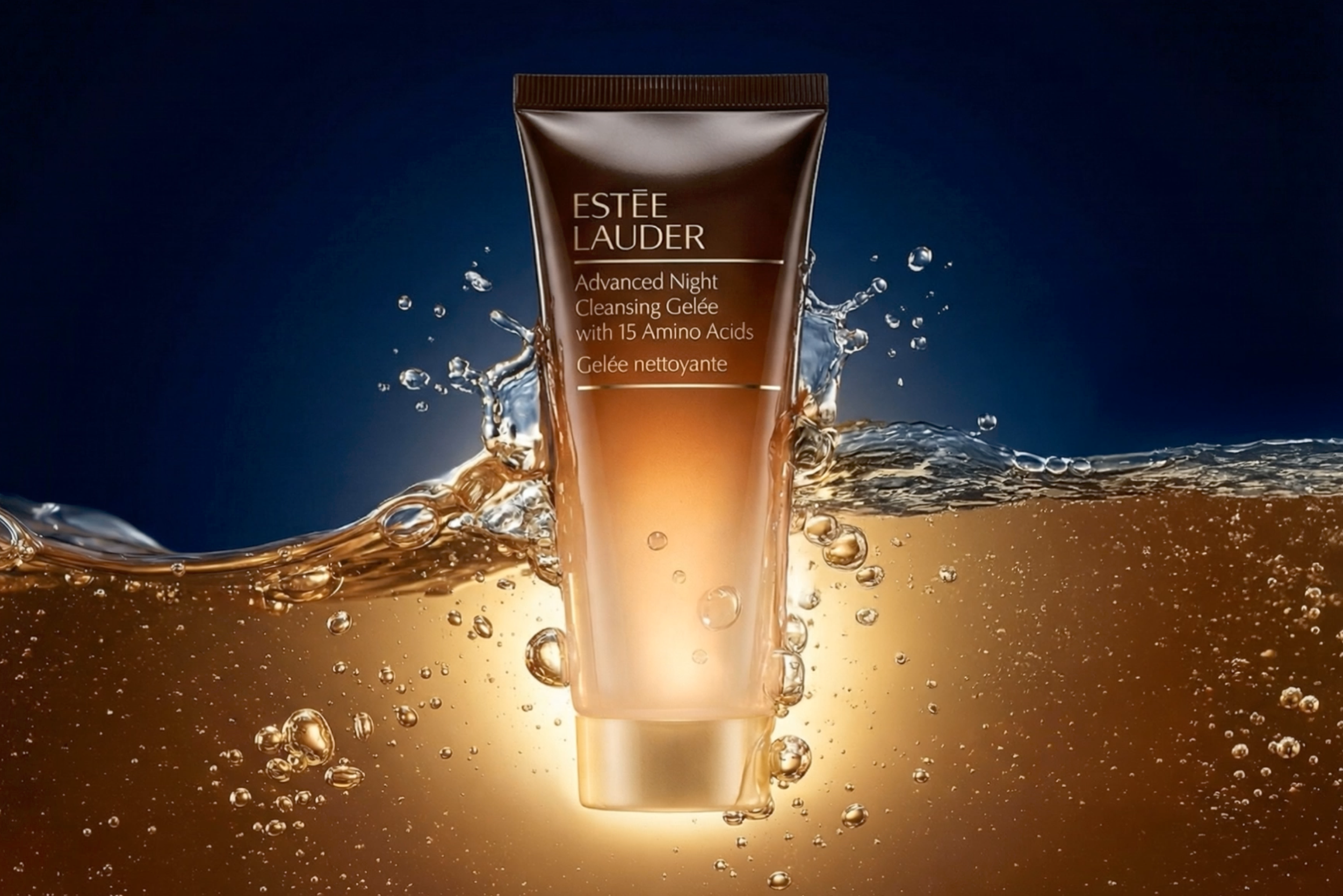 A tube of Estée Lauder Advanced Night Cleansing Gelée with 15 Amino Acids submerged in water with bubbles, against a dark background.
