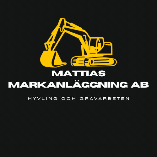 Logo av ett grävmaskin i gult med svart bakgrund och text 'Mattias Markanläggning AB' samt 'Hyvling och grävarbeten'.