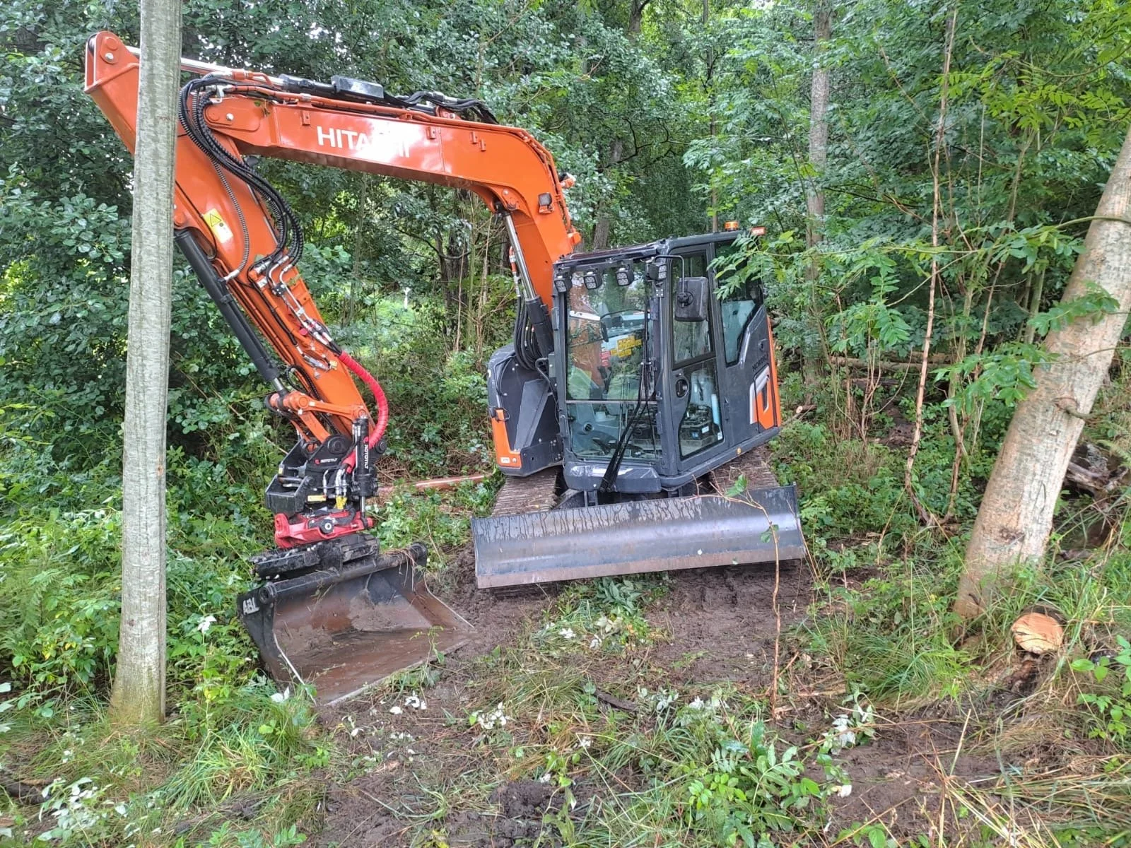 En skogsmaskin, en grävmaskin, står på marken omgiven av gröna träd och buskar.