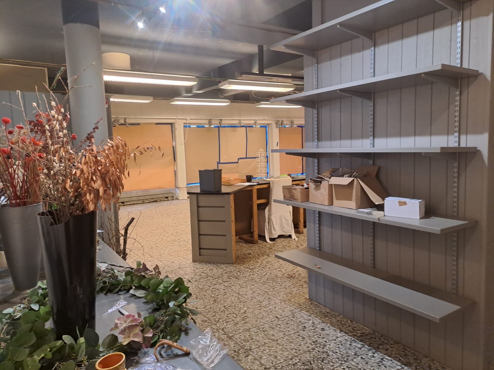 Ett tomt rum med tomma hyllor och några pappers- och kartongföremål, samt växter i förgrunden.