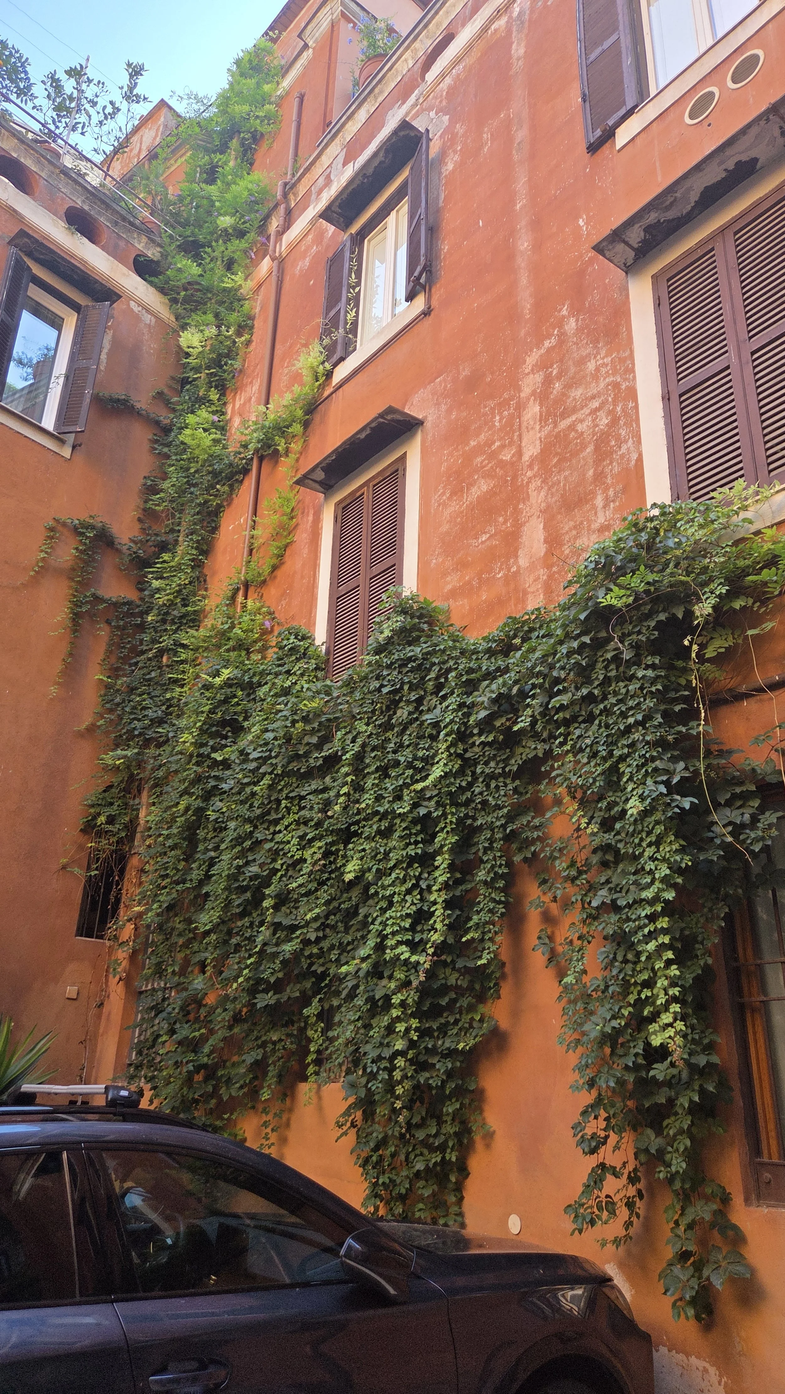 Ein mehrstöckiges Gebäude mit orangefarbener Fassade und dunklen Fensterläden, an dem üppiges, grünes Efeu hochklettert.