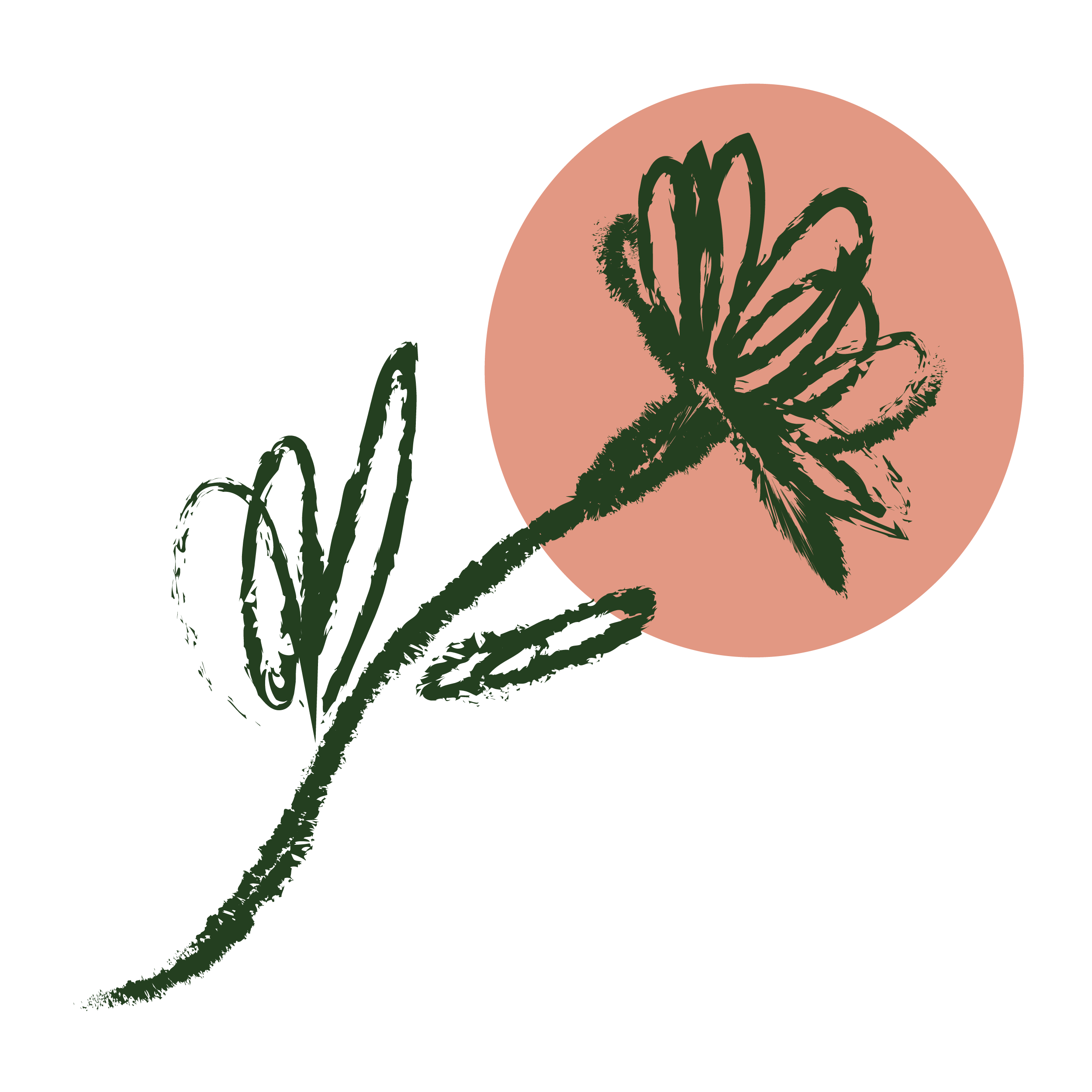 Stylized illustration of a flower with dark green outline and details against a large peach-colored circle background.